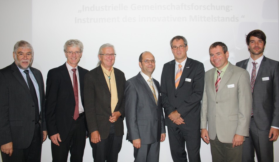 Der Moderator der Vortragsveranstaltung, Prof. Peter Schieberle (li.), mit den Referenten (v. li. n. re.): Prof. Ulrich Kulozik, Prof. Rudi F. Vogel, Dr. Rainer Benning, Prof. Bertrand Matthäus, Prof. Holger Zorn und Prof. Stefan Töpfl