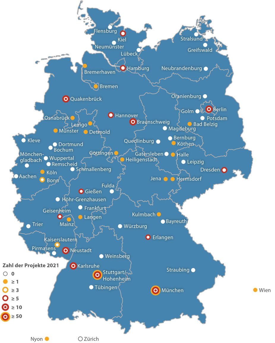 Forschungsstandorte mit Zahl aktuell laufender FEI-Projekte (2021)