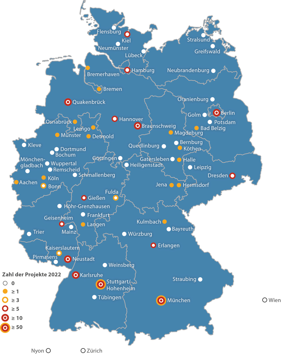 Forschungsstandorte mit Zahl aktuell laufender FEI-Projekte (2022)