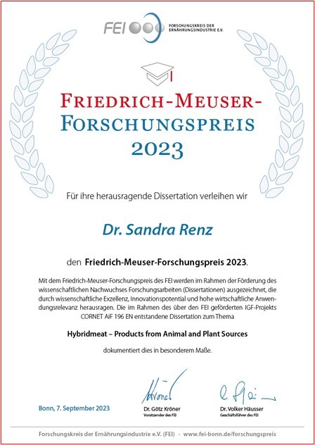 Urkunde Friedrich-Meuser-Forschungspreis 2023 von Dr. Sandra Renz