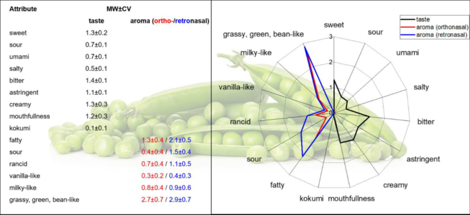 Flavor-Profil eines kommerziell erworbenen Erbsenproteinisolats (NUTRALYS S85F 5006541) zwecks Vergleich mit weiteren Proben.