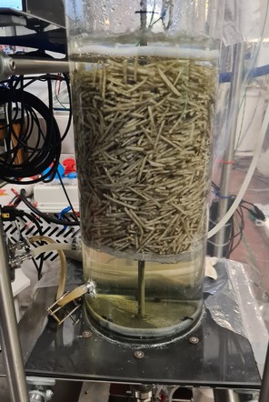 Konstruierte Extraktionszelle zur Untersuchung der Extraktion von Zuckerrübenschnitzeln im Labormaßstab. Im Bild: Extraktionszelle im Betrieb (Festbettextraktion).