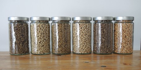 Trockene texturierte Pflanzenproteine aus 54 % Rapspresskuchen, 77,5 % Kürbiskernpresskuchen (I), 77,5 % Kürbiskernpresskuchen (II), 45 % Sesampresskuchen, 69 % Leinsamenpresskuchen, 45 % Kokosnusspresskuchen (v. l.). Fehlender Anteil zu 100 % jeweils Erbsenproteinisolat.