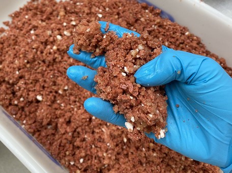 Texturierte Pflanzenproteine und ein pflanzliches Fettgel bilden die Grundmasse der veganen Salamimatrix, welche durch ein Bindesystem von Pektin und Weizengluten zusammengehalten wird.