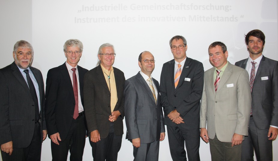 Der Moderator der Vortragsveranstaltung, Prof. Peter Schieberle (li.), mit den Referenten (v. li. n. re.): Prof. Ulrich Kulozik, Prof. Rudi F. Vogel, Dr. Rainer Benning, Prof. Bertrand Matthäus, Prof. Holger Zorn und Prof. Stefan Töpfl