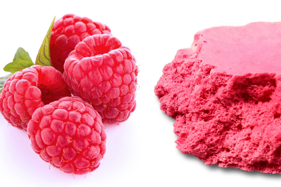 Himbeeren werden zu getrockneten Fruchtschäumen verarbeitet, die auf der Zunge sehr schnell zerfallen und dabei intensive Aromen freisetzen.