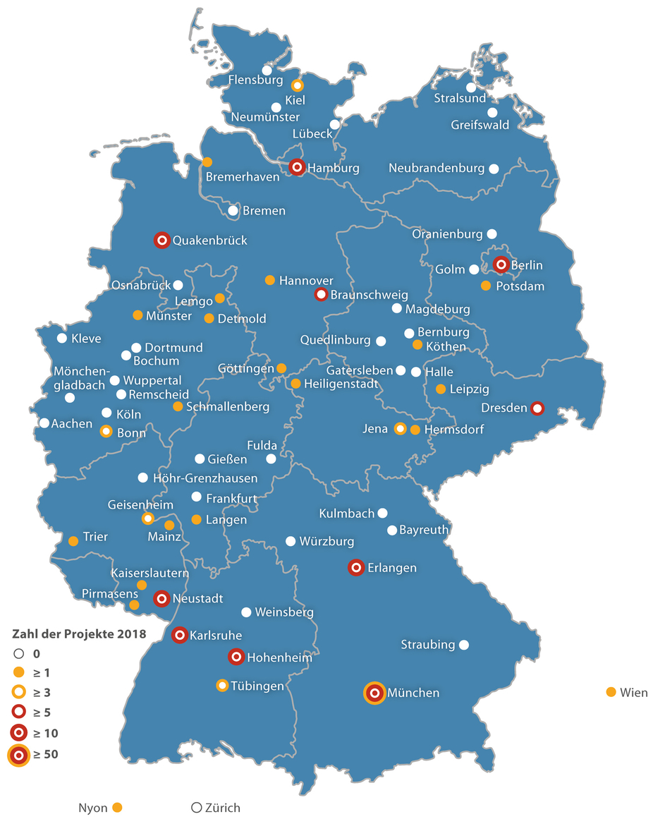 Forschungsstandorte mit Zahl aktuell laufender FEI-Projekte (2018)