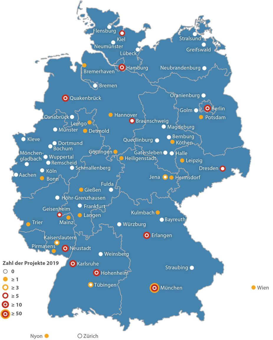 Forschungsstandorte mit Zahl aktuell laufender FEI-Projekte (2018)